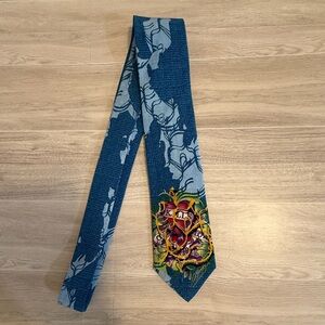 Ed Hardy Silk Tie Skull Heart Tattoo Graphic Blue Y2K Christian Audigier